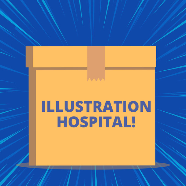 Writing note showing Illustration Hospital. Business photo showcasing unique Applied Art of Medical Institution and Practice Close up front view brown cardboard sealed box lid. Blank background. - Photo, Image