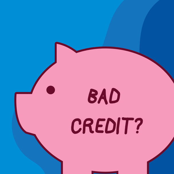 Conceptual hand writing showing Bad Credit Question. Business photo text history when it indicates that borrower has high risk Fat huge pink pig plump like piggy bank with ear and small eye. - Photo, Image