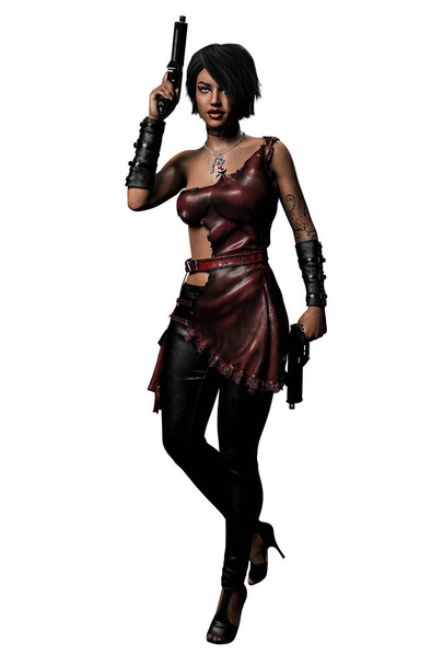 Urban Fantasy African-American Woman with Gun Raised, 3D Rendering, 3D illustration - Photo, Image