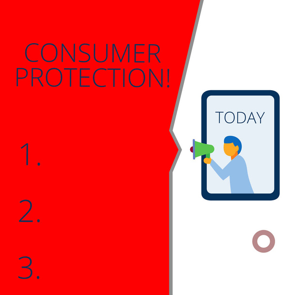 消費者保護を示す概念的手書き。消費者の権利の保護を確保するためのビジネス写真テキストフェアトレード法幾何学的背景男の胸を持つメガホンのスピーチバブル. - 写真・画像