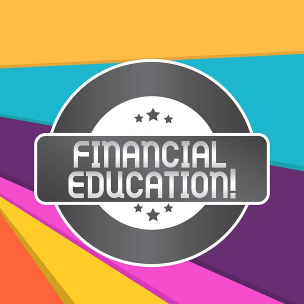 Word-írás szöveg pénzügyi oktatás. Üzleti koncepció megértése monetáris területeken, mint a Pénzügy és befektetés színes kör alakú címke jelvény csillag Üres téglalap alakú szövegdoboz-díj. - Fotó, kép