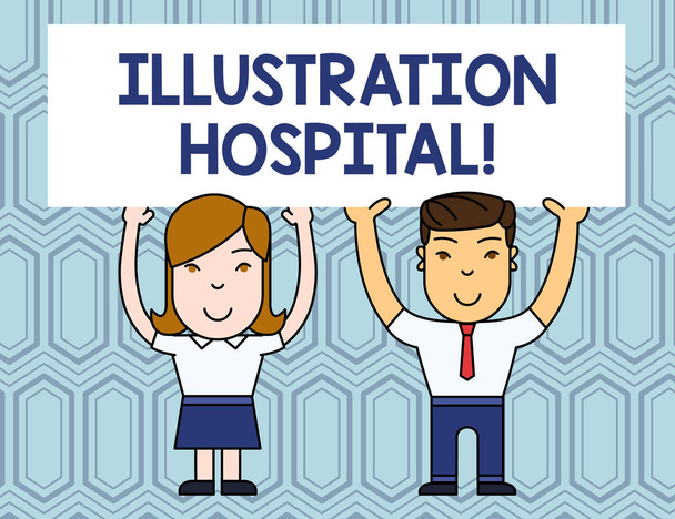 イラスト病院を示すテキストサイン。コンセプトフォト医療機関のユニークな応用芸術と練習両手で大きな空白のポスターボードを持つ2人の笑顔の人々. - 写真・画像