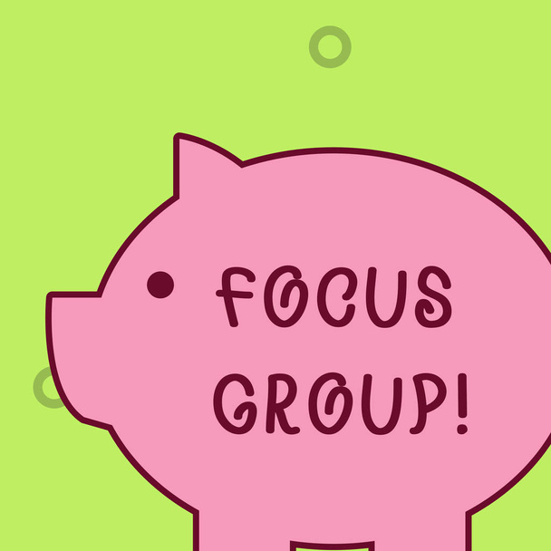 Handwriting text writing Focus Group. Concept meaning showing assembled to participate in discussion about product Fat huge pink pig plump like piggy bank with sharp ear and small round eye. - Photo, Image