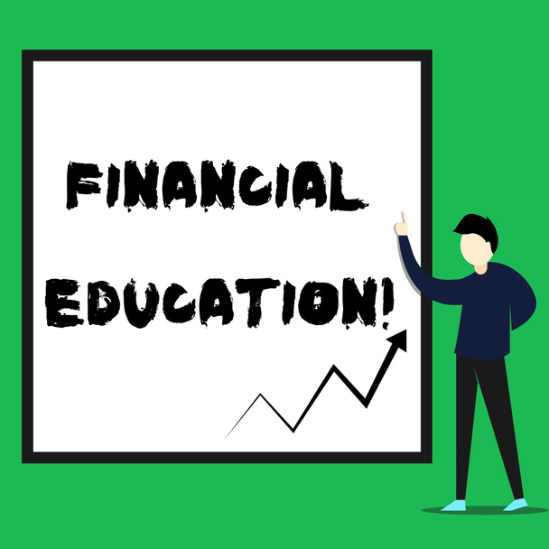 A pénzügyi oktatást bemutató jegyzetírás. Üzleti fotóbemutató a monetáris területek, mint a Pénzügy és befektetés fiatal férfi állva rámutatva téglalap geometriai háttér. - Fotó, kép