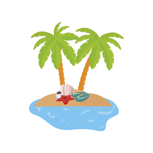 zomer kust scène met palmen en vrouwelijke hoed - Vector, afbeelding