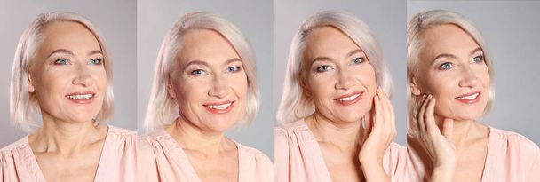 Collage of mature woman with beautiful face against color background - Фото, зображення