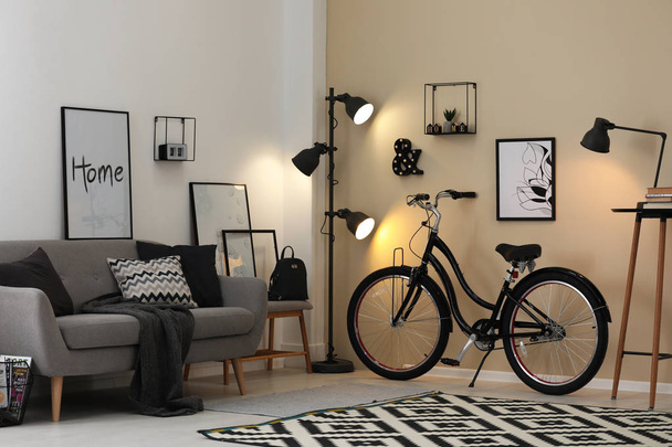 Modern living room interior with comfortable sofa and bicycle - Foto, Imagen