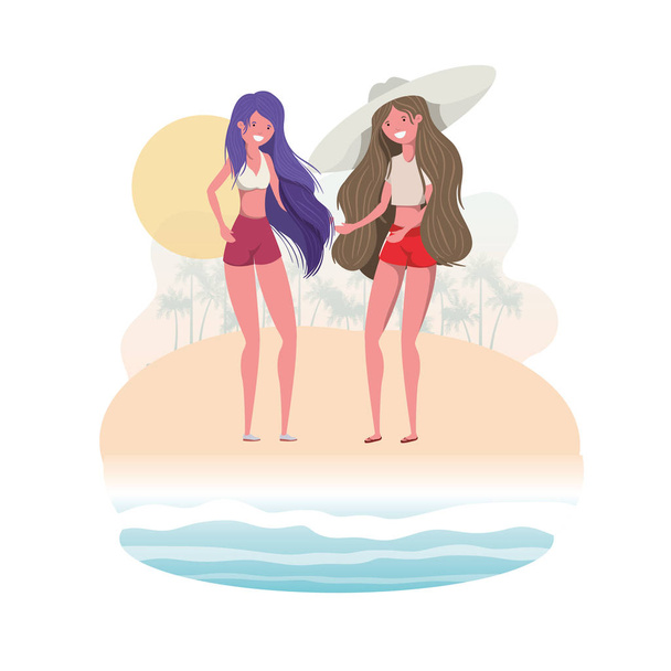 naiset seisovat uimapuku rannalla
 - Vektori, kuva