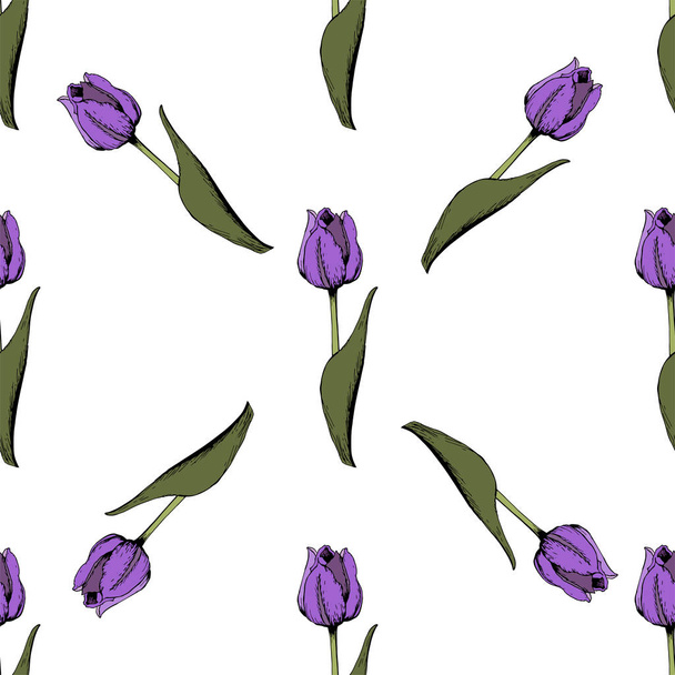 Seamless background with colored purple tulips. Vector illustration.Floral seamless background with colorful tulips. Spring mood.The texture of the fabric, the design of gift packs. Vector graphic - Vektor, obrázek
