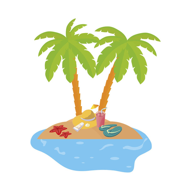 summer coastline scene with palms and straw hat - Διάνυσμα, εικόνα