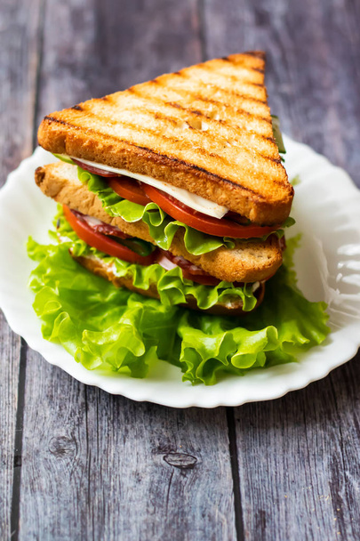Sandwich with cheese, tomato, cucumber, sausage and lettuce on a wooden background. Vertical orientation - Foto, Bild