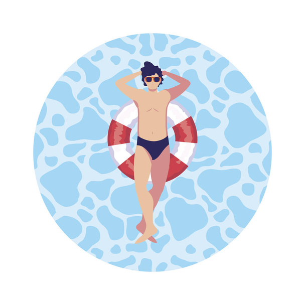 joven con traje de baño y salvavidas flotante en el agua
 - Vector, Imagen