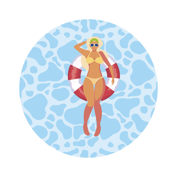 mujer con traje de baño y salvavidas flotando en el agua
 - Vector, Imagen