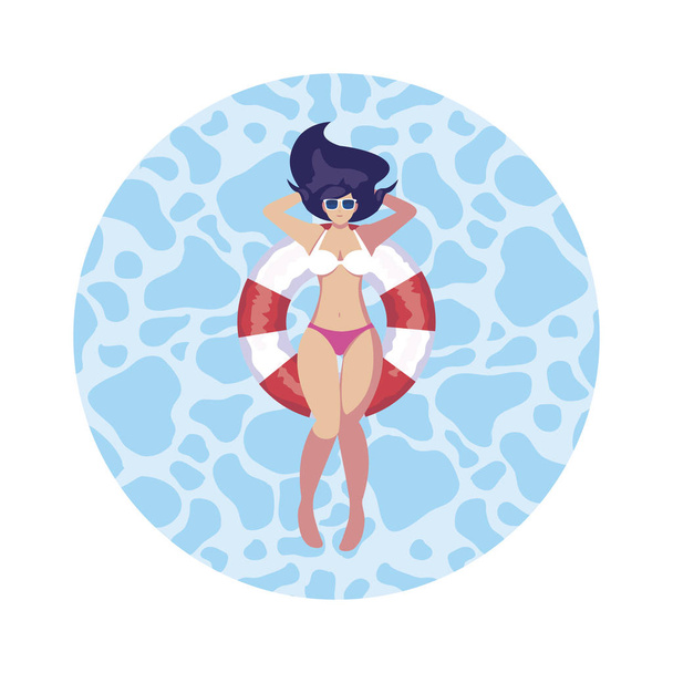 mujer con traje de baño y salvavidas flotando en el agua
 - Vector, Imagen