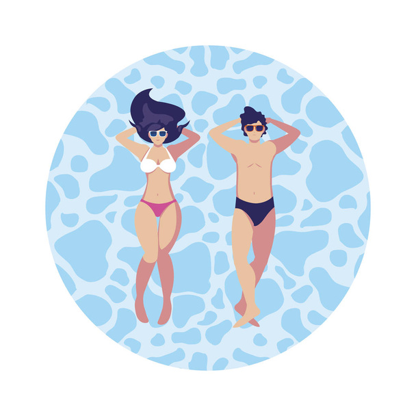 pareja joven con traje de baño flotando en el agua
 - Vector, imagen