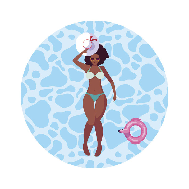 hermosa mujer afro con traje de baño flotando en el agua
 - Vector, imagen