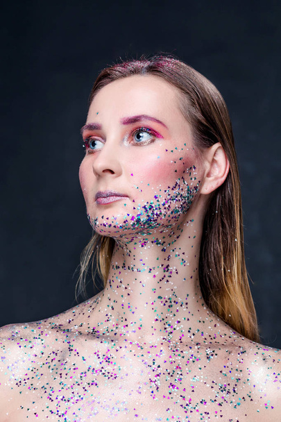 Fashion model woman with trendy glitter make-up - Фото, зображення