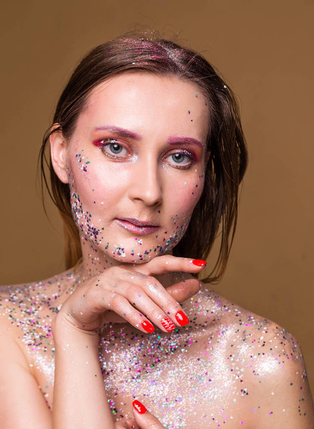 Fashion model woman with trendy glitter make-up - Photo, Image