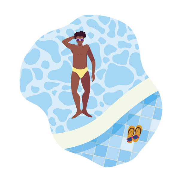 young afro man with swimsuit floating in pool - Vector, Image