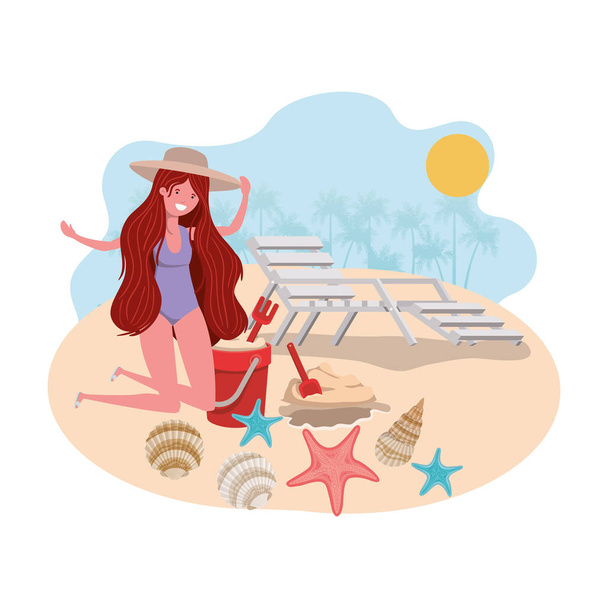 woman on beach with swimsuit and sand bucket - Vector, Image