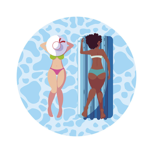 beautiful interracial girls with float mattress in water - Vector, Image