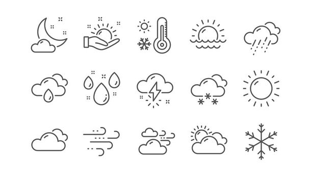 Wetter- und Vorhersagezeilensymbole. Bewölkter Himmel, Winterschneeflocke und Thermometer. Lineares Set. Vektor - Vektor, Bild