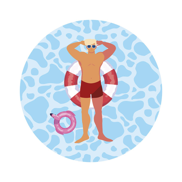 jeune homme avec maillot de bain et flotteur sauveteur dans l'eau
 - Vecteur, image