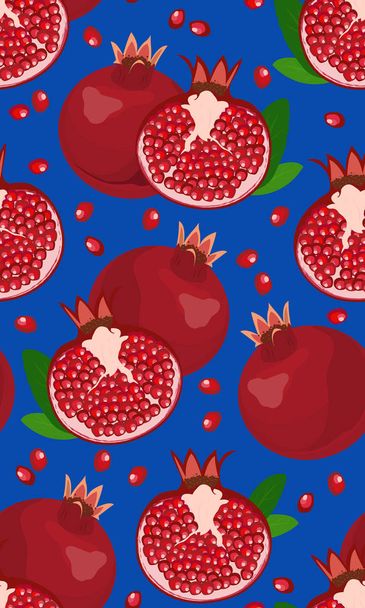 Seamless pattern pomegranate fruits and seeds on blue background, Fresh organic food, Red ruby fruits pattern. Vector illustration. - Vector, Image