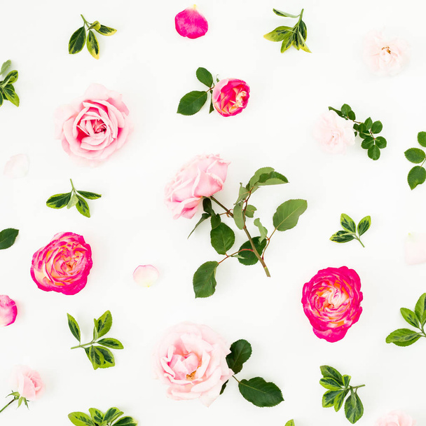 Pink roses flowers isolated on white background. Flat lay, Top view. Floral texture. Summer composition - Fotó, kép