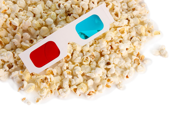 Попкорн і 3D окуляри, ізольовані на білому
 - Фото, зображення
