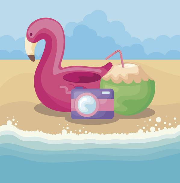 καλοκαίρι παραλία σκηνή με φλαμανδικό άρμα και καρύδα - Διάνυσμα, εικόνα