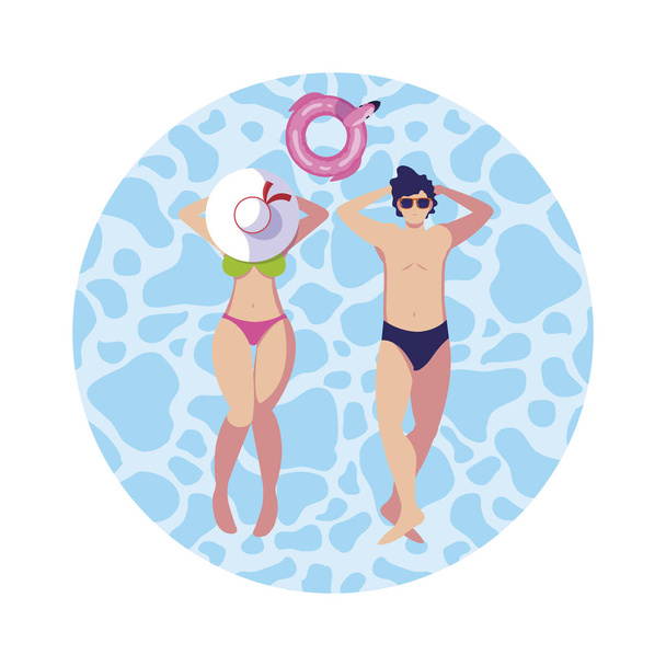 young couple with swimsuit floating in water - Vector, Image