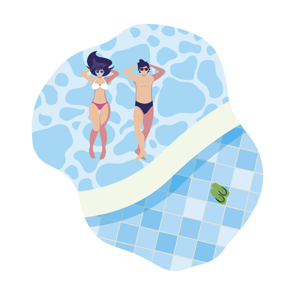 pareja joven con traje de baño flotando en el agua
 - Vector, Imagen