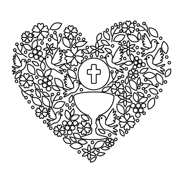 primera comunión en cáliz con decoración floral del corazón
 - Vector, imagen