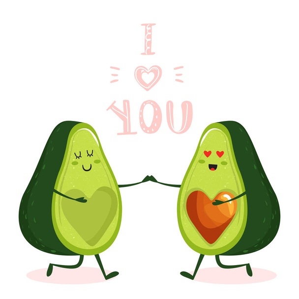 Cartoon cute avocado paar karakter met hart en trendy belettering. - Vector, afbeelding