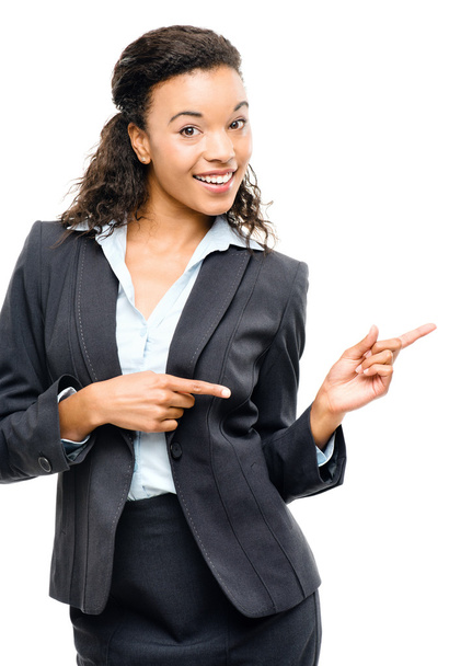Attractive African American businesswoman pointing isolated on w - Foto, Imagen