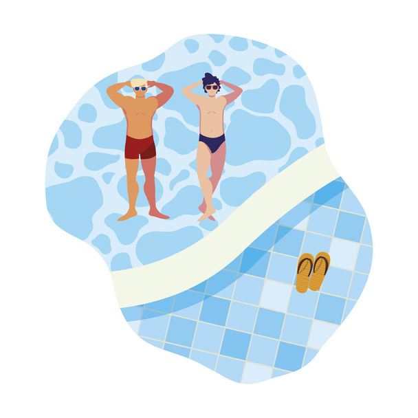 young men with swimsuit floating in water - Vector, Image