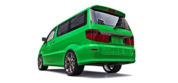 Pequeña minivan verde para el transporte de personas. Ilustración tridimensional sobre fondo blanco. renderizado 3d
. - Foto, Imagen