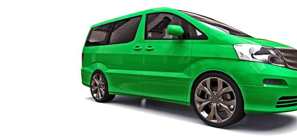 Groene kleine minibus voor het vervoer van mensen. Driedimensionale illustratie op een witte achtergrond. 3D-rendering. - Foto, afbeelding