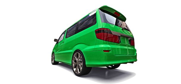 Pequeña minivan verde para el transporte de personas. Ilustración tridimensional sobre fondo blanco. renderizado 3d
. - Foto, Imagen