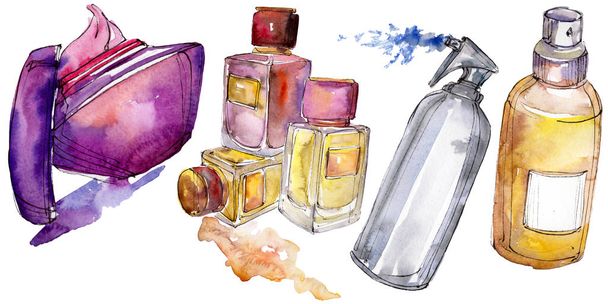 Cosmeticks products sketch glamour illustration. Watercolor background illustration set. Isolated cosmrticks element. - Foto, imagen