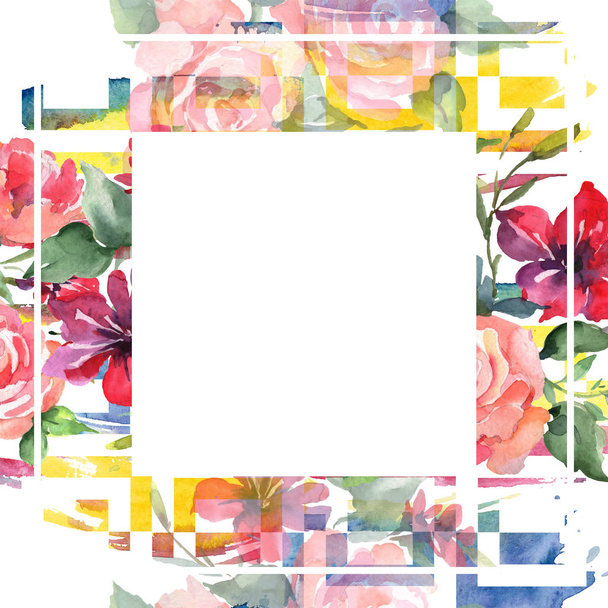 Pink rose bouquet floral botanical flowers. Wild spring leaf wildflower isolated. Watercolor background illustration set. Watercolour drawing fashion aquarelle isolated. Frame border ornament square. - Photo, Image