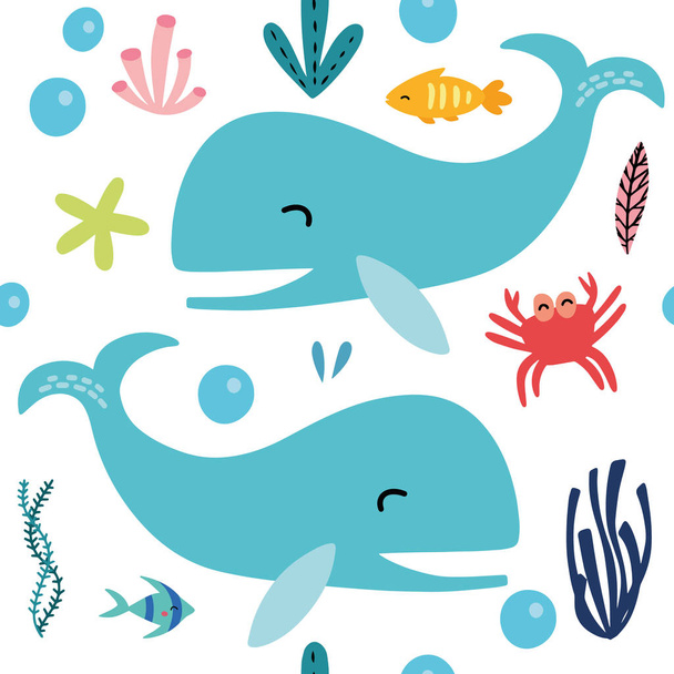 Sea fish seamless pattern, vector design for wrapping paper, textile, background fill design. Whale, turtle, fish, jelly fish, crab, sea star and much more - Vecteur, image