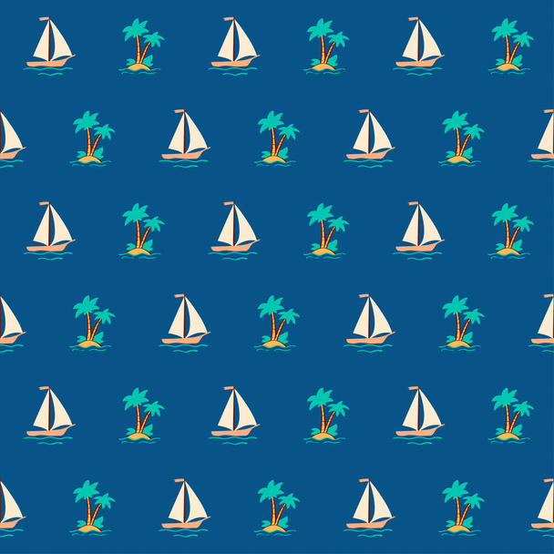 Barca a vela e palma disegnate a mano sull'isola in stile doodle
  - Vettoriali, immagini