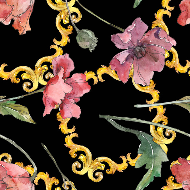 Flores botánicas florales de amapola roja y morada. Conjunto de ilustración de fondo acuarela. Patrón de fondo sin costuras
. - Foto, Imagen