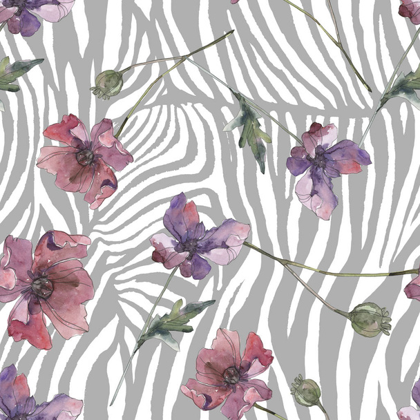 赤と紫のケシの花の植物の花。●水彩背景イラストセット。シームレスな背景パターン. - 写真・画像