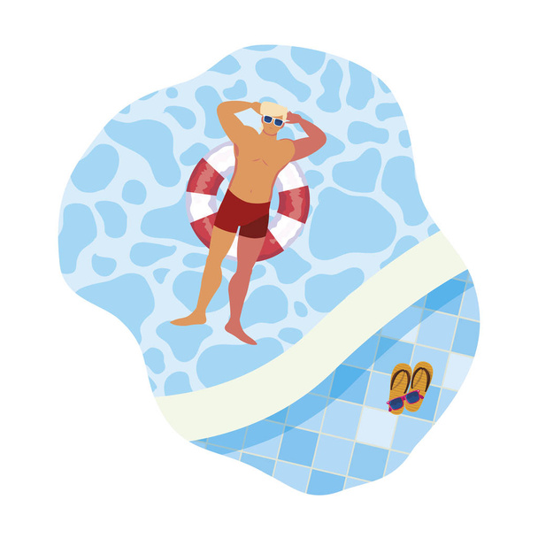 joven con traje de baño y salvavidas flotante en la piscina
 - Vector, Imagen