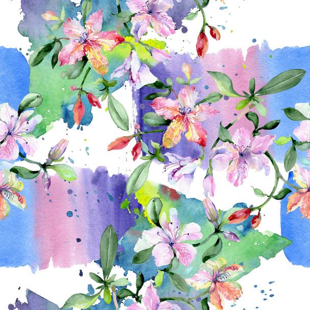 Ramo de alstroemeria violeta flores botánicas florales. Juego de ilustración en acuarela. Patrón de fondo sin costuras
. - Foto, Imagen