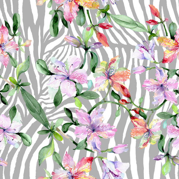 Violet alstroemeria bouquet floral botanical flowers. Watercolor illustration set. Seamless background pattern. - 写真・画像