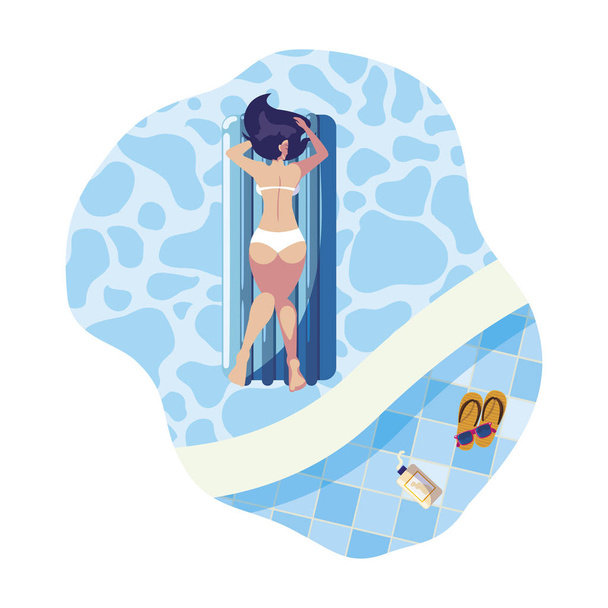 vrouw looien in float matras zweven in zwembad - Vector, afbeelding